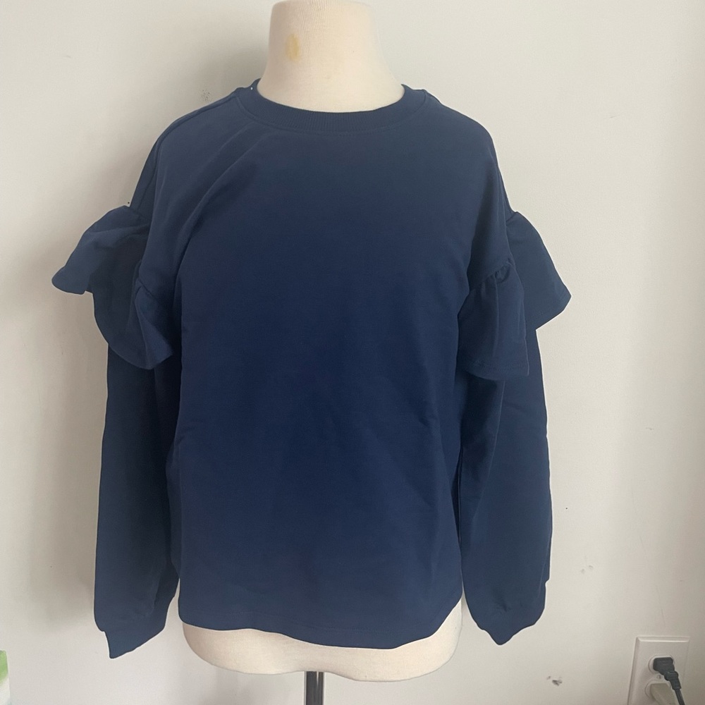 NIB Solid navy ruffled long sleeve shirt girls.